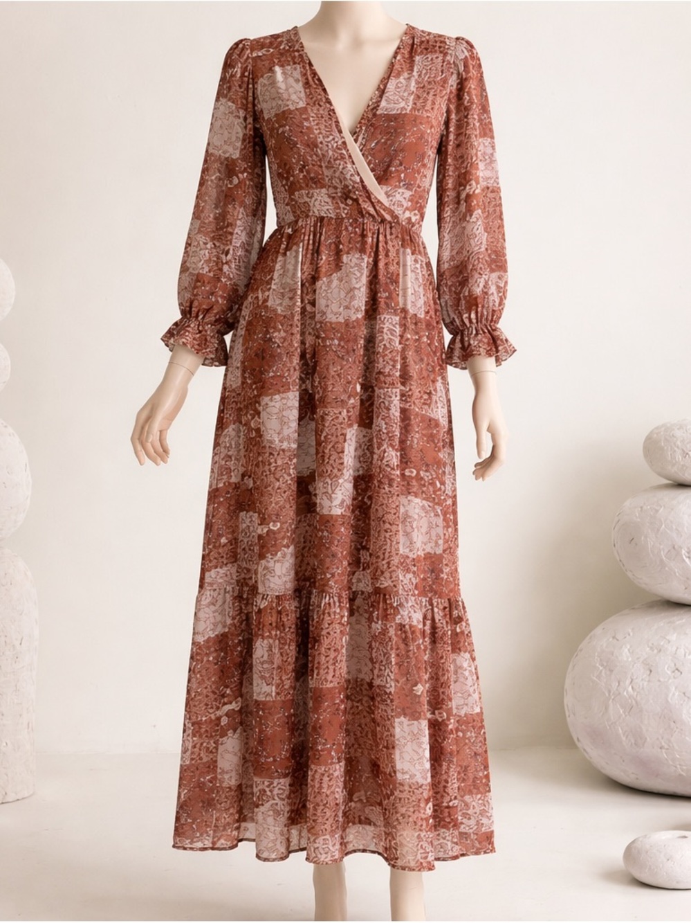 Pink Lilly Floral | Paisley Patchwork Print Maxi Dress - V-Neck Long Sleeve